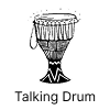 A stylized black and white illustration of a talking drum with text.