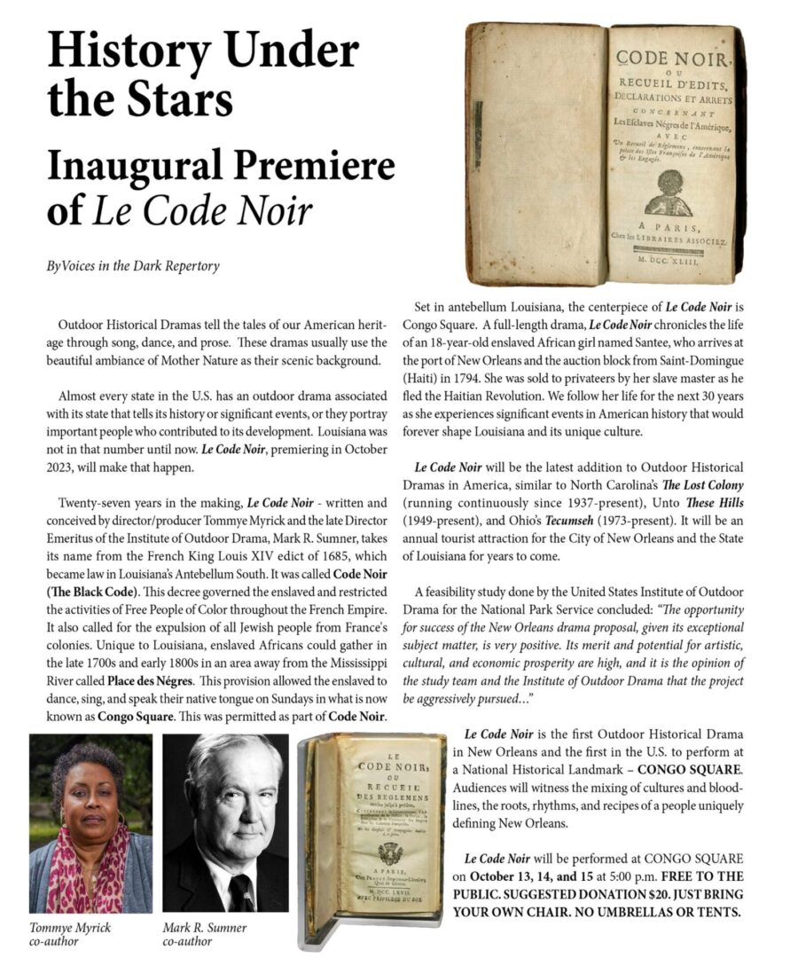 Article about the premiere of Le Code Noir with images and text.